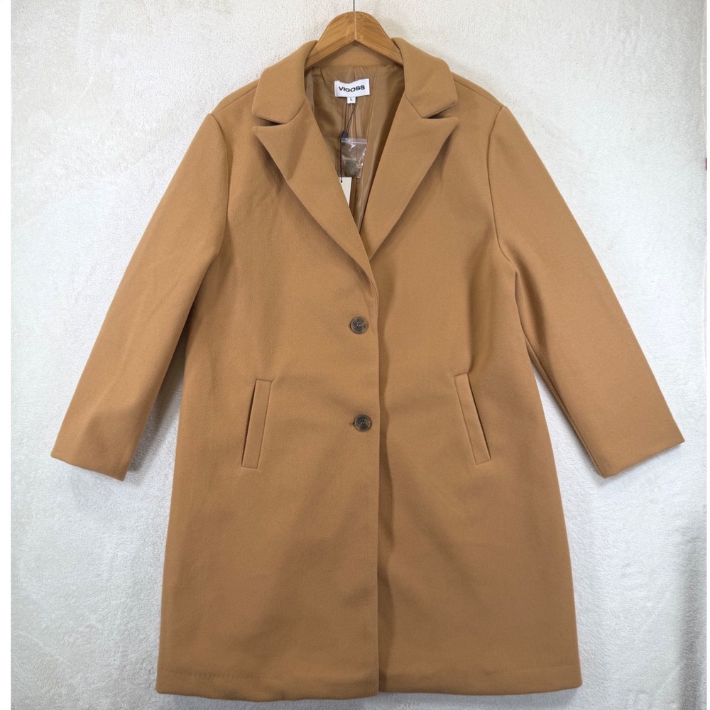 Vigoss Womens Camel Brown Notched Lapel Two Button Car Coat Size Large NWT